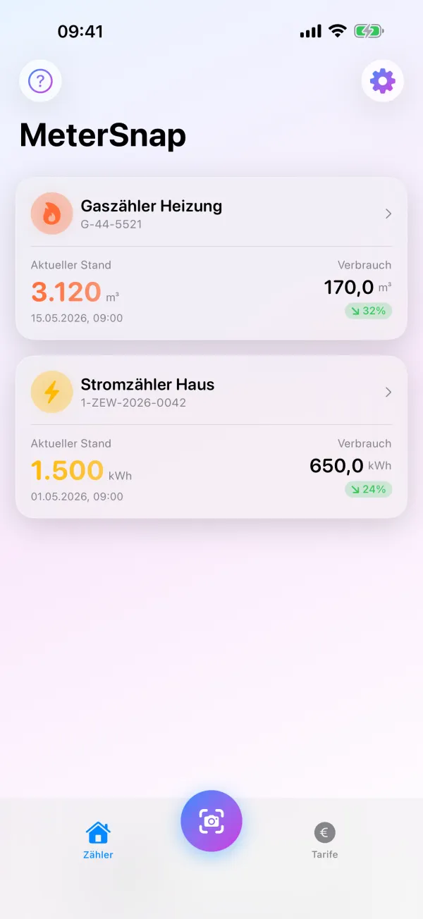 Übersicht in
            MeterSnap: Gaszähler Heizung mit 3.120 m³ und Stromzähler Haus mit 1.500 kWh,
            jeweils mit dem Verbrauch seit der letzten Ablesung