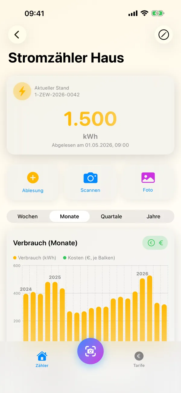 Stromzähler Haus: aktueller Stand 1.500 kWh, Knöpfe Ablesung, Scannen und Foto,
          darunter das Verbrauchsdiagramm nach Monaten