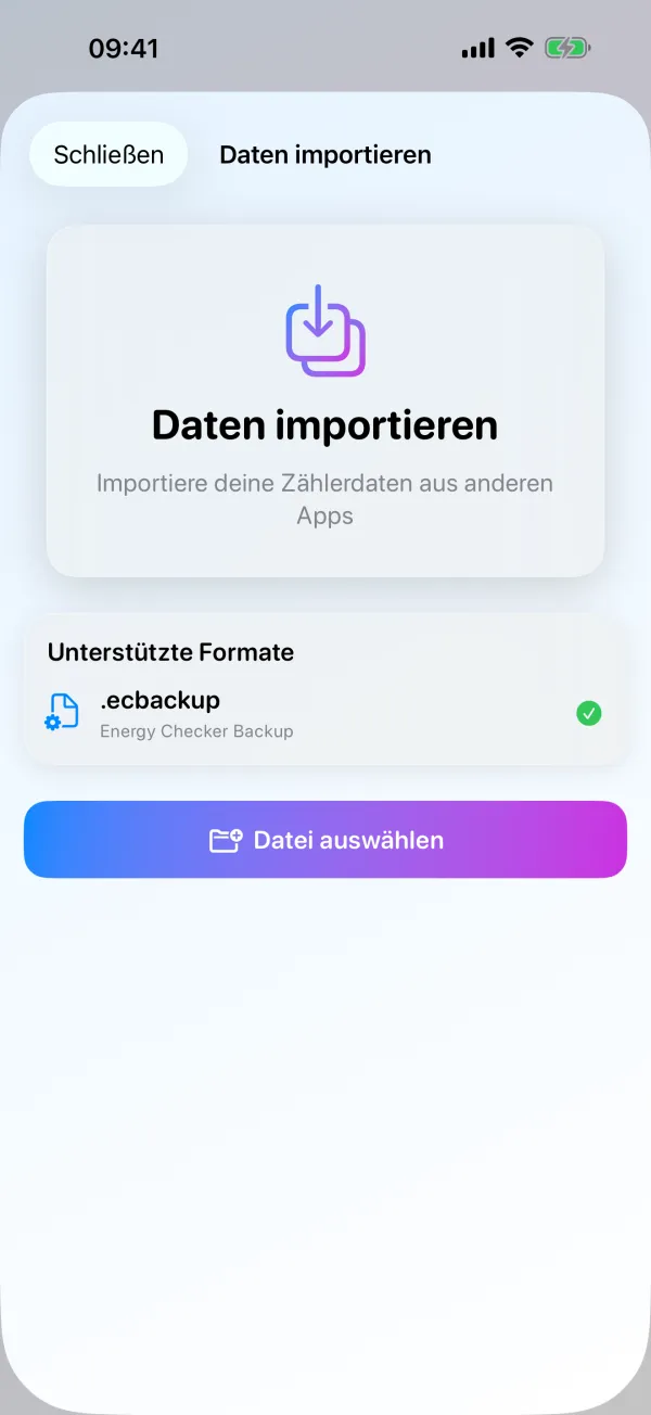 Daten importieren: unterstütztes Format .ecbackup, Energy Checker Backup