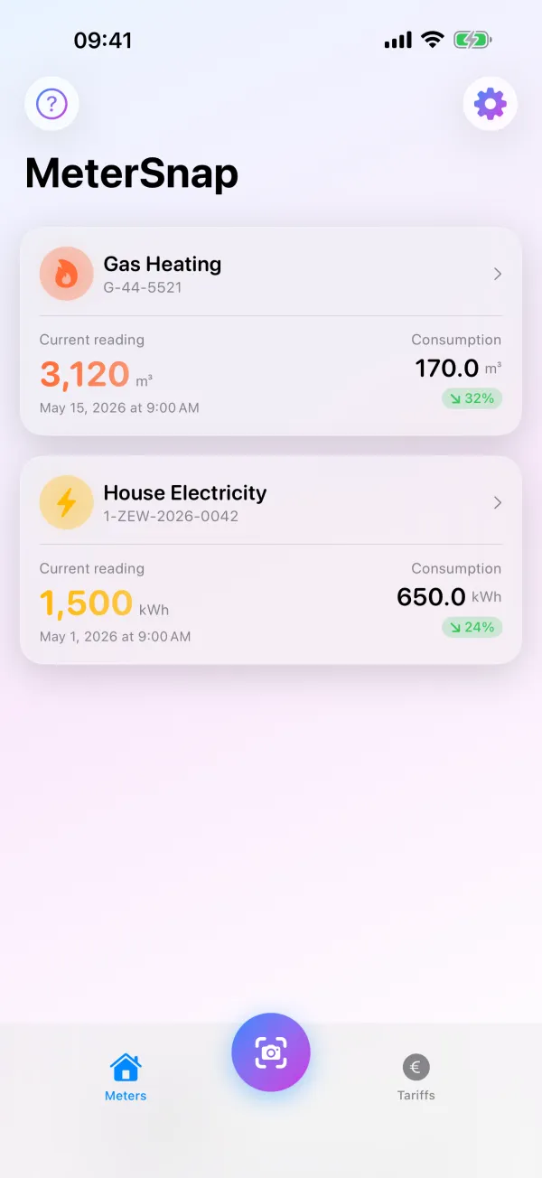 Overview in the
            app: a gas meter and an electricity meter, each with its current reading and the
            consumption since the last reading