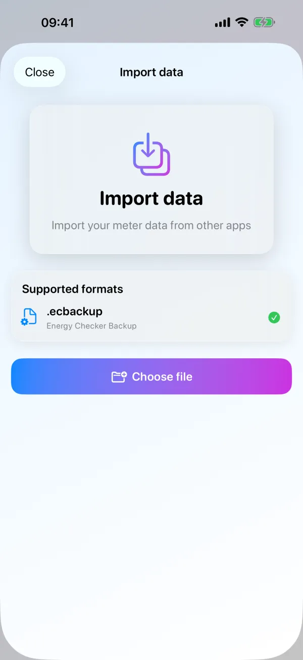 Import data: supported format .ecbackup, Energy Checker backup